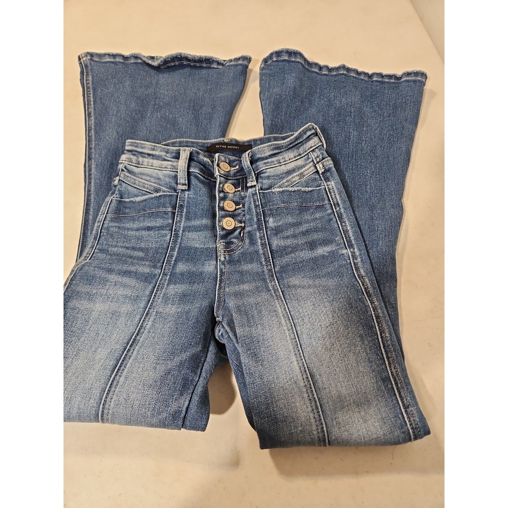 Flying Monkey Button Fly High Rise Flare Denim Jeans Womens 23Wx29 Inseam (2001